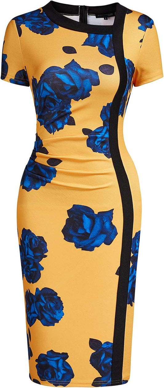 Women Vintage Ruffle Business Colorblock Work Church Pencil Dress
